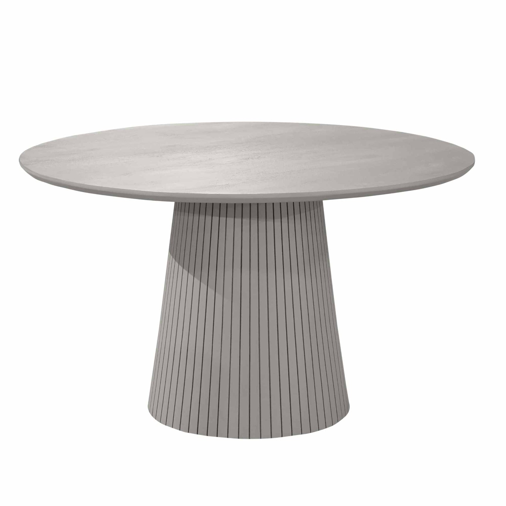 Ronde eettafel met taupe blad en taps toelopende, gestreepte voet.