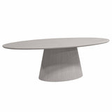 Taupe ovale eettafel met centrale poot, zijaanzicht