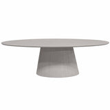 Taupe ovale eettafel met centrale poot en afgeronde vorm