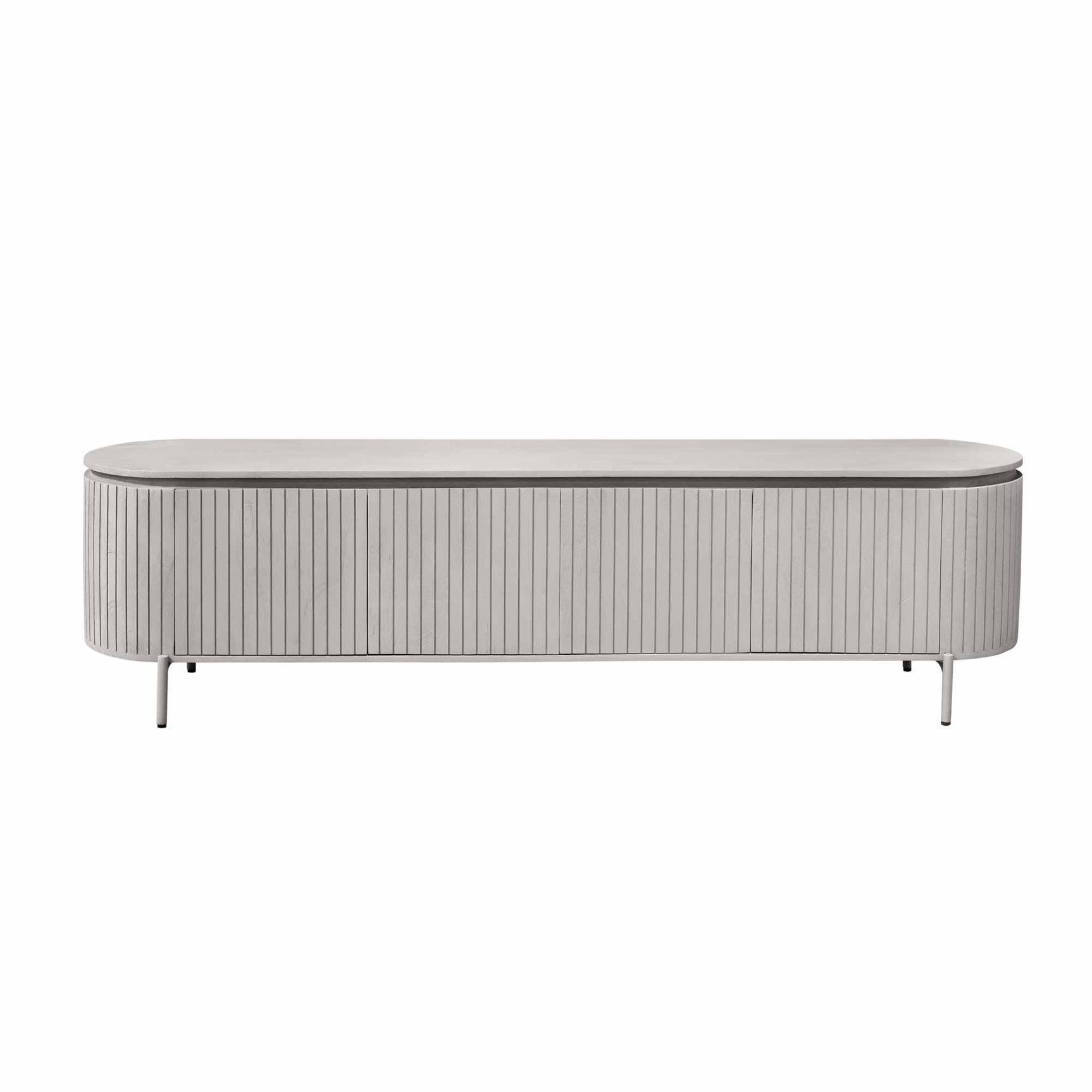 Tv-meubel met ovale bovenkant, geribde frontstroken en metalen pootjes, taupe/grijs.