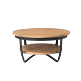 Ronde salontafel met licht mangohouten blad en zwart metalen onderstel