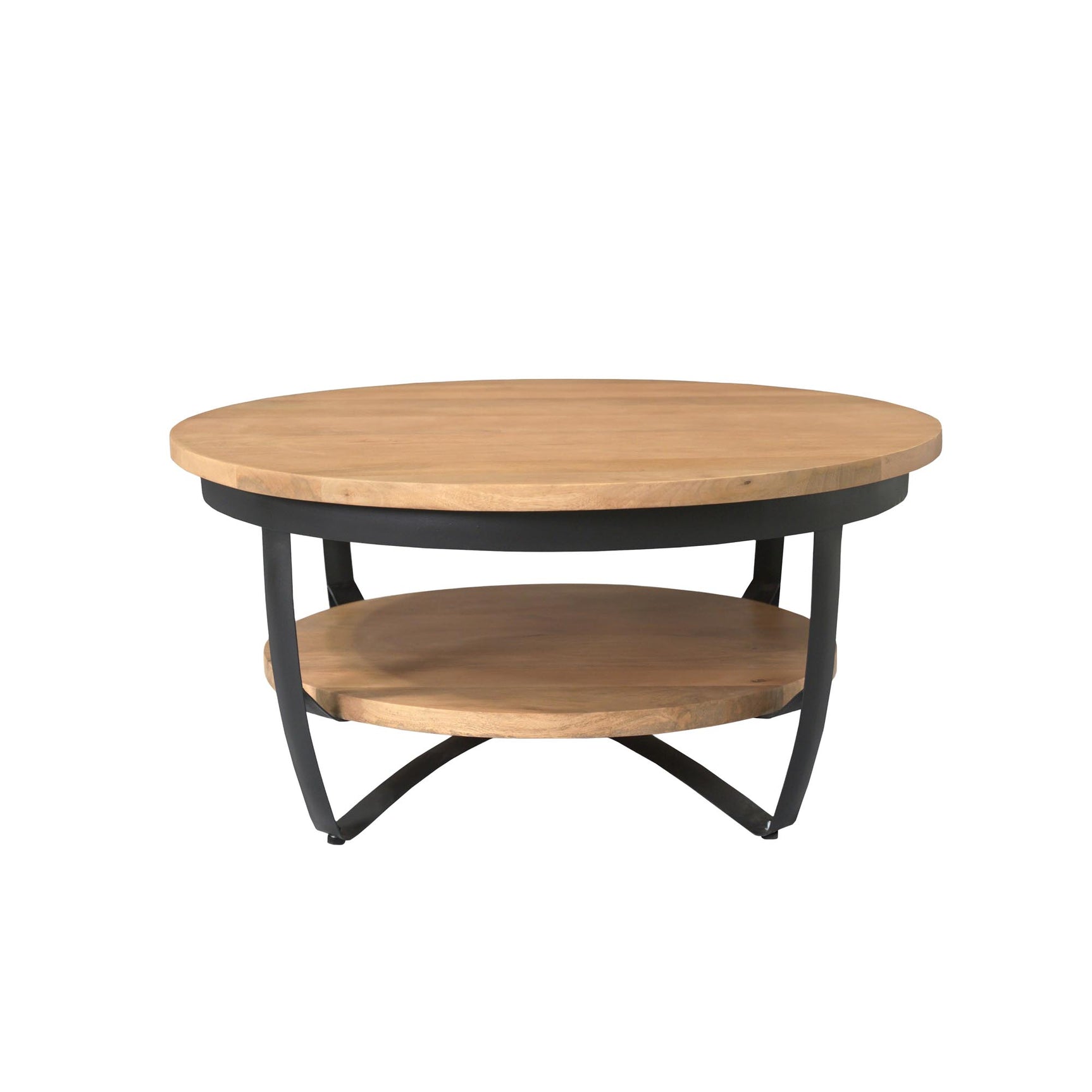 Ronde salontafel met licht mangohouten blad en zwart metalen onderstel