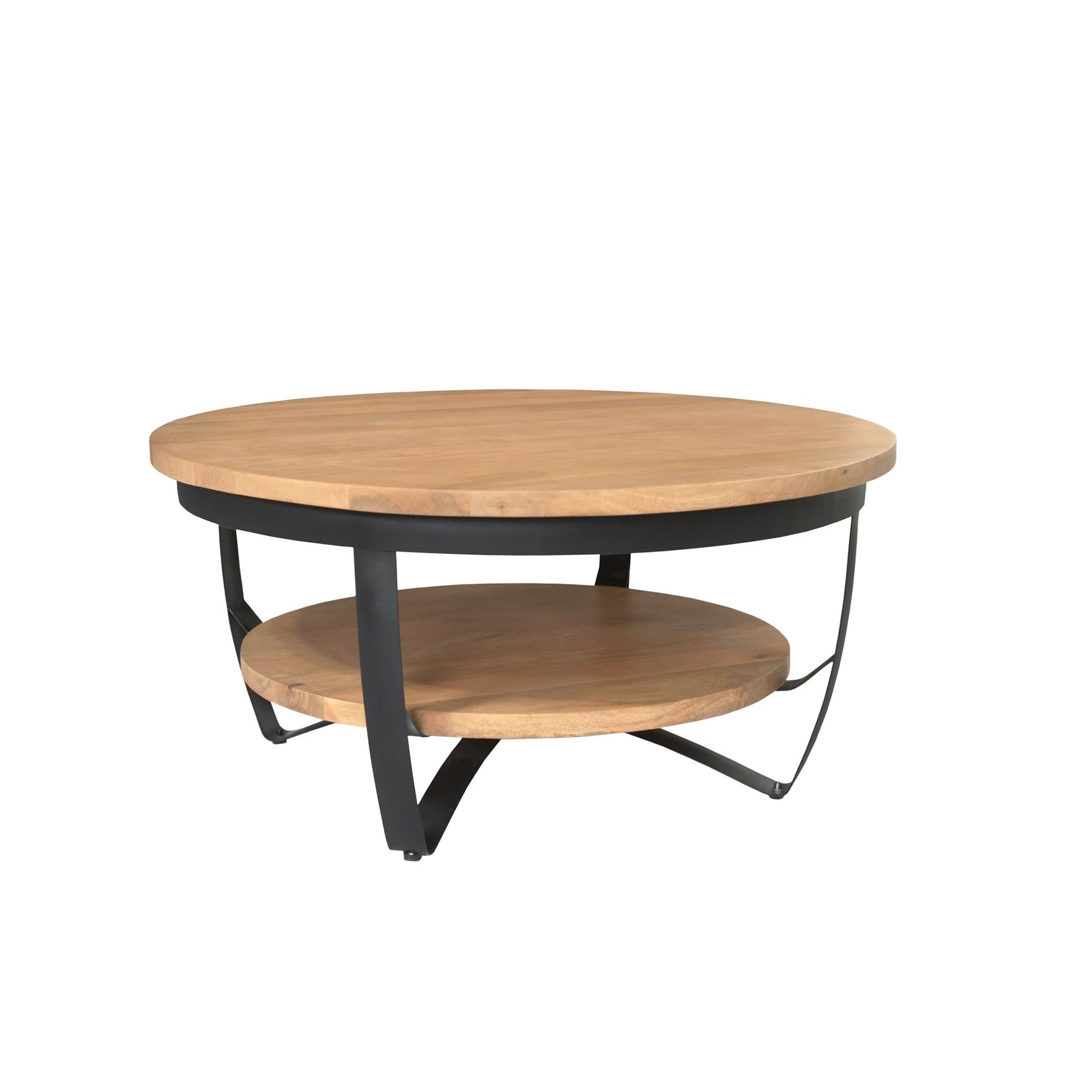 Ronde salontafel met licht mangohouten bovenblad en ronde tussenplank, zwart onderstel