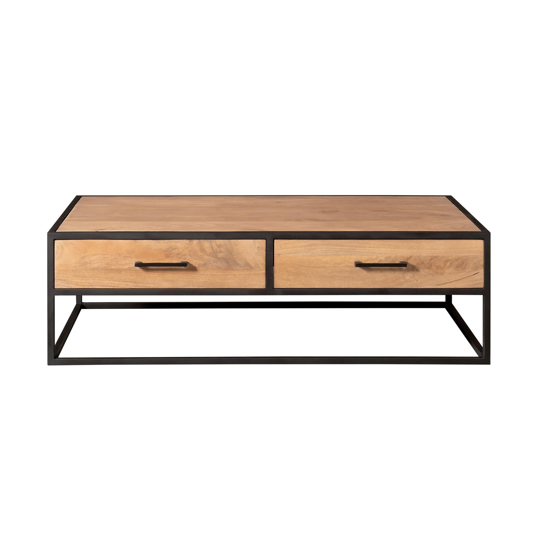Salontafel met houten blad, twee lades en zwart metalen onderstel
