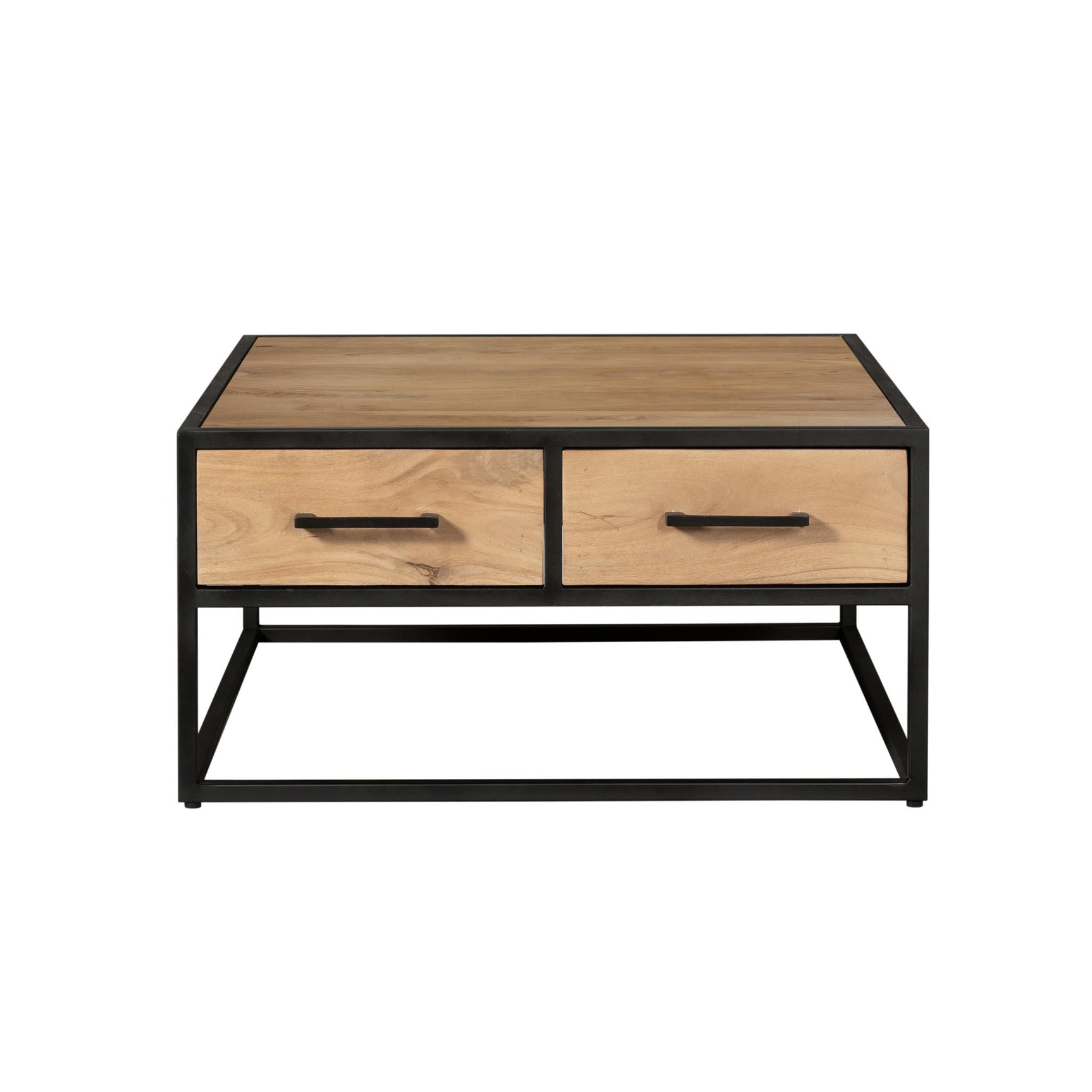 Salontafel met twee laden en rechthoekig houten blad, zwart metalen poten