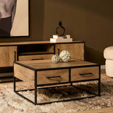 Salontafel met twee laden en houten blad, zwart metalen frame
