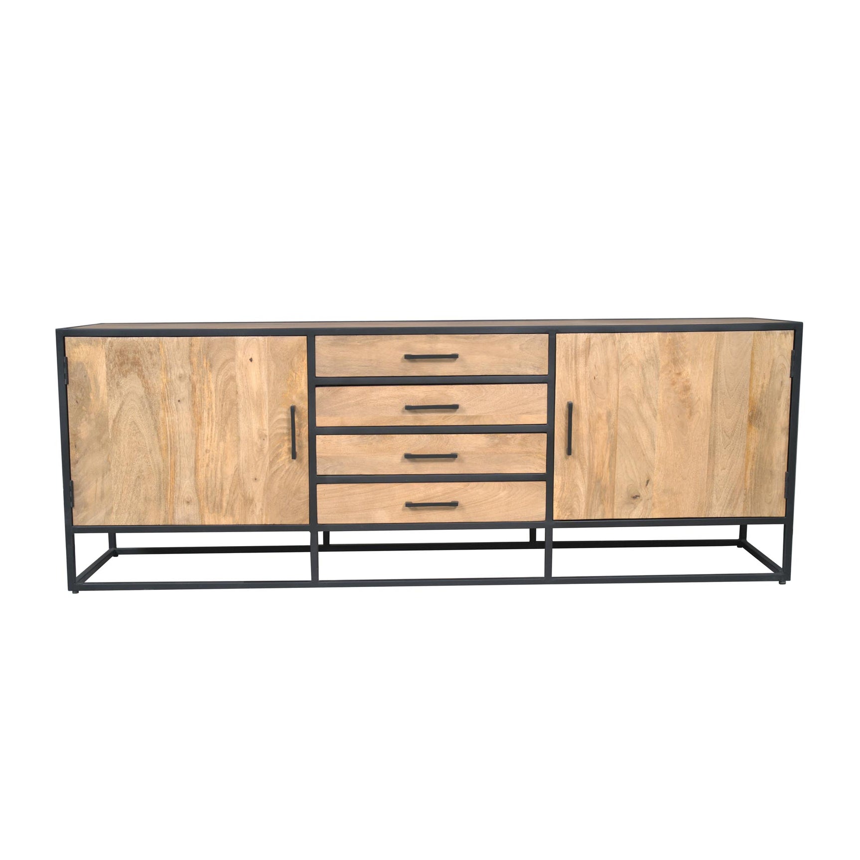 Dressoir met twee deuren, vier lades en zwart metalen onderstel, eikenlook