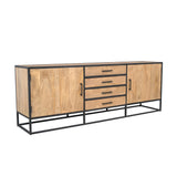 Dressoir zijaanzicht in eikenlook met twee deuren en vier lades, zwart frame