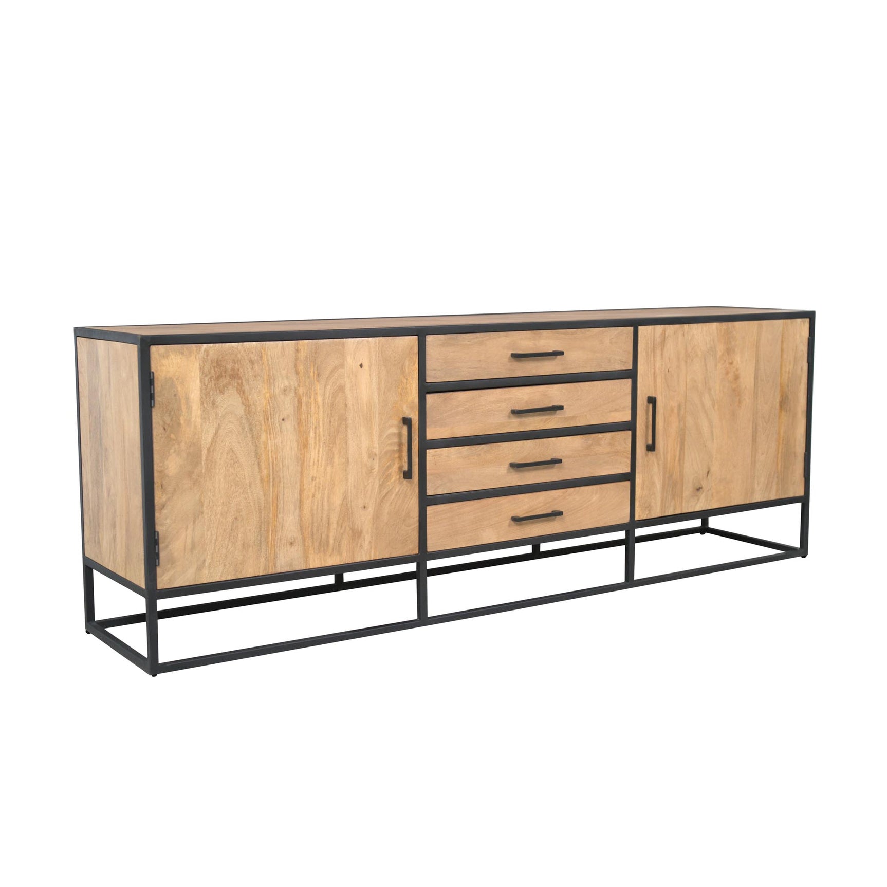 Dressoir zijaanzicht in eikenlook met twee deuren en vier lades, zwart frame