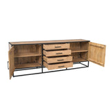 Dressoir in eikenlook met open deuren en vier lades, zwart metalen onderstel