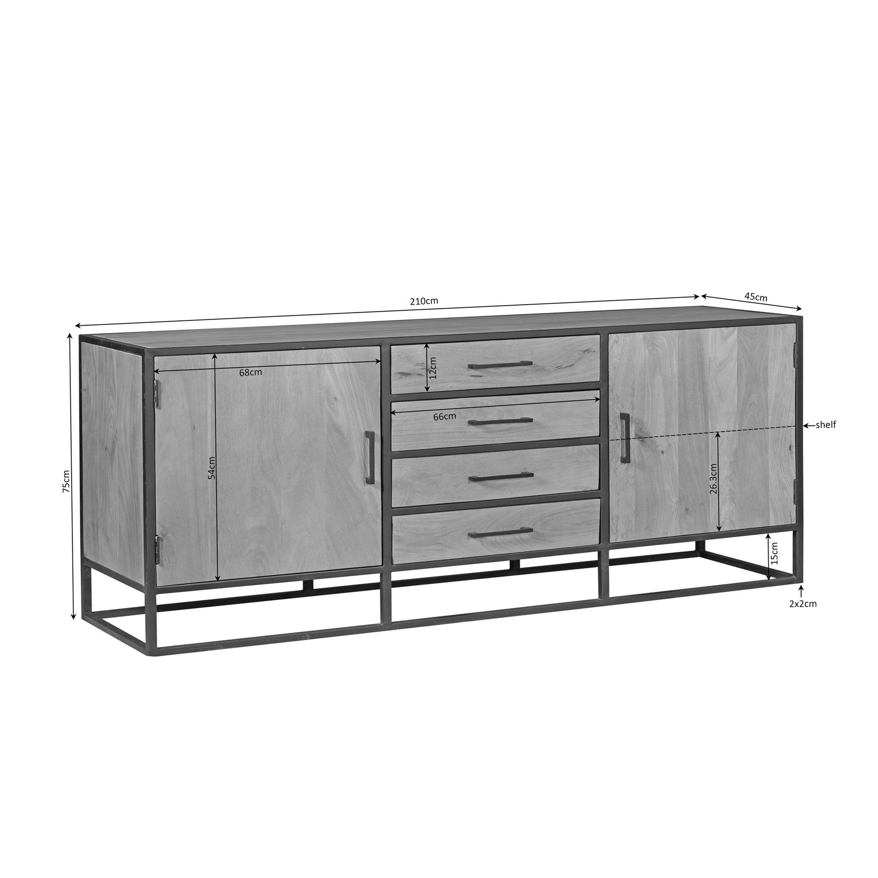 Dressoir in eikenlook met twee deuren en vier lades, afmetingen zichtbaar