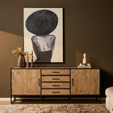 Dressoir met eikenlook panelen, twee deuren en vier lades, zwart metalen frame