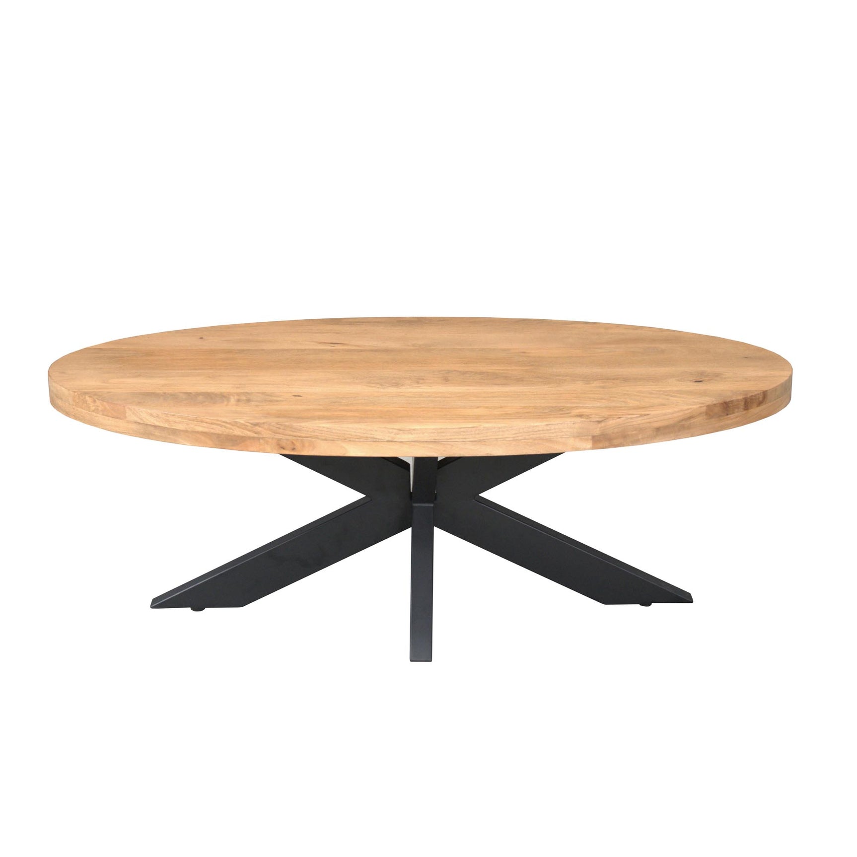 Ovale salontafel met licht eikenhouten blad en zwarte metalen kruispoten