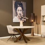 Ronde eettafel met zandkleurig blad en donkergekleurde kruispoten, 130 cm