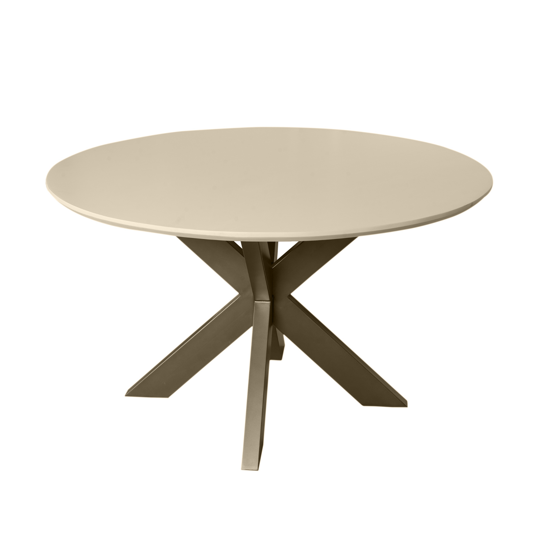 Ronde eettafel met zandkleurig blad en donkere X-poten