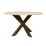 Ronde eettafel met zandkleurig blad en taps kruis onderstel