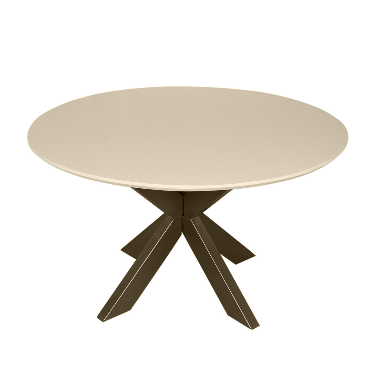 Ronde eettafel met zandkleurig blad en donkerhouten kruispoten