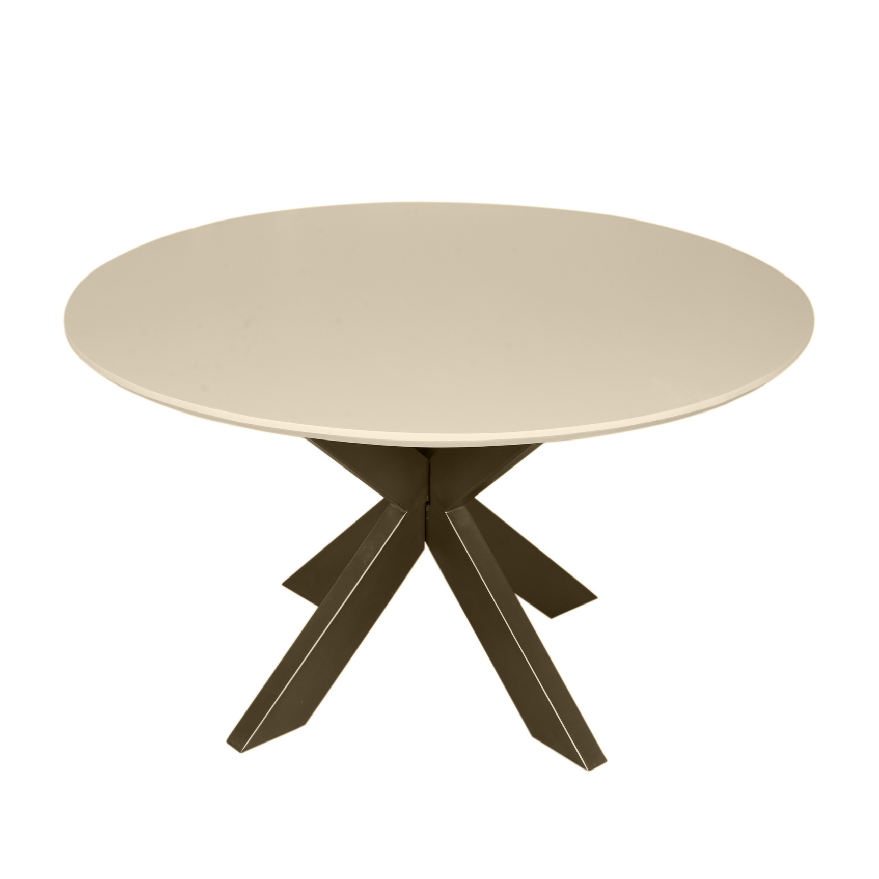 Ronde eettafel met zandkleurig blad en uitlopende steunpoten.
