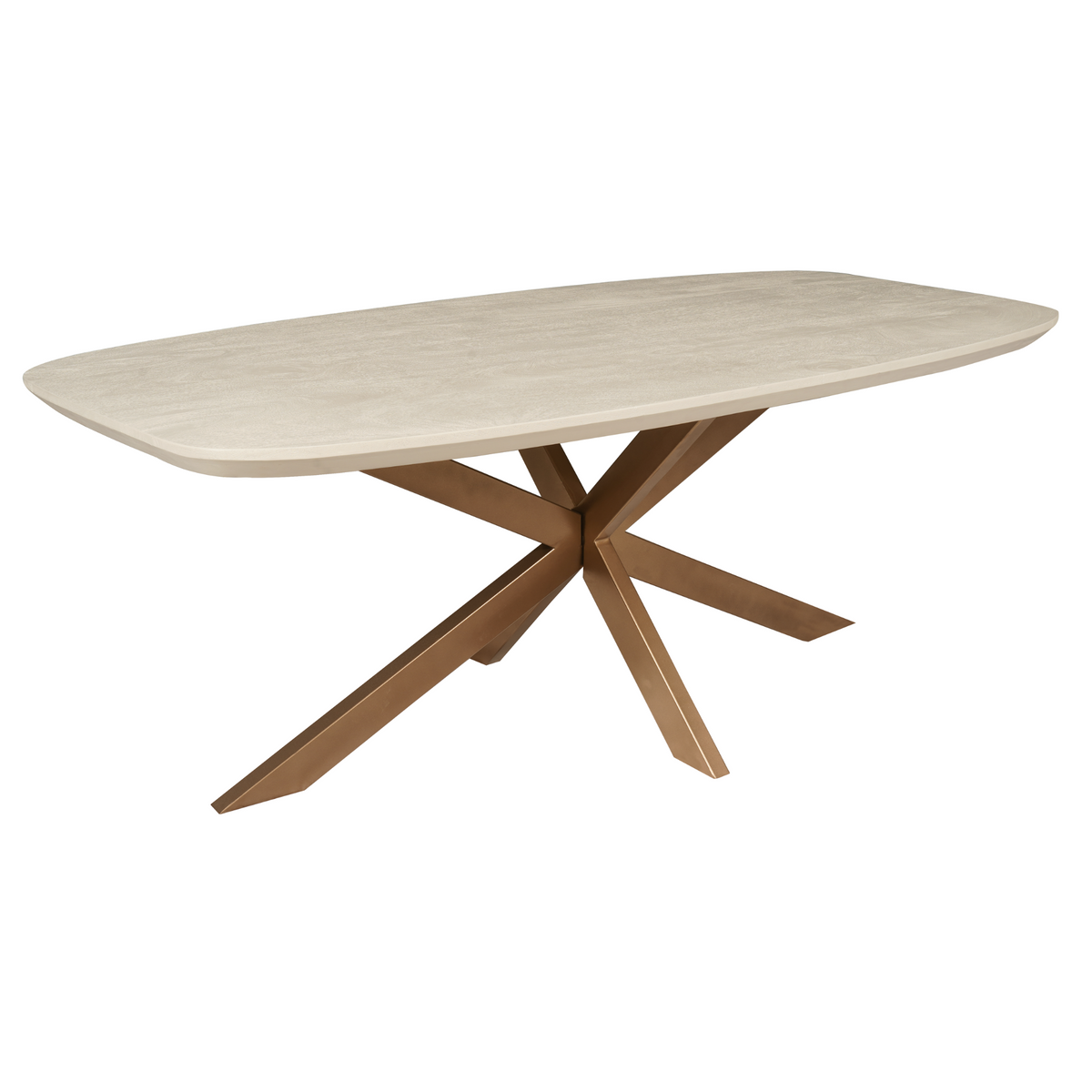 Eettafel met ovale lichtbeige blad en kruispoot met drie houten poten