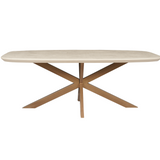 Eettafel met ovale lichtbeige top en gecentreerde poot met kruisdelen