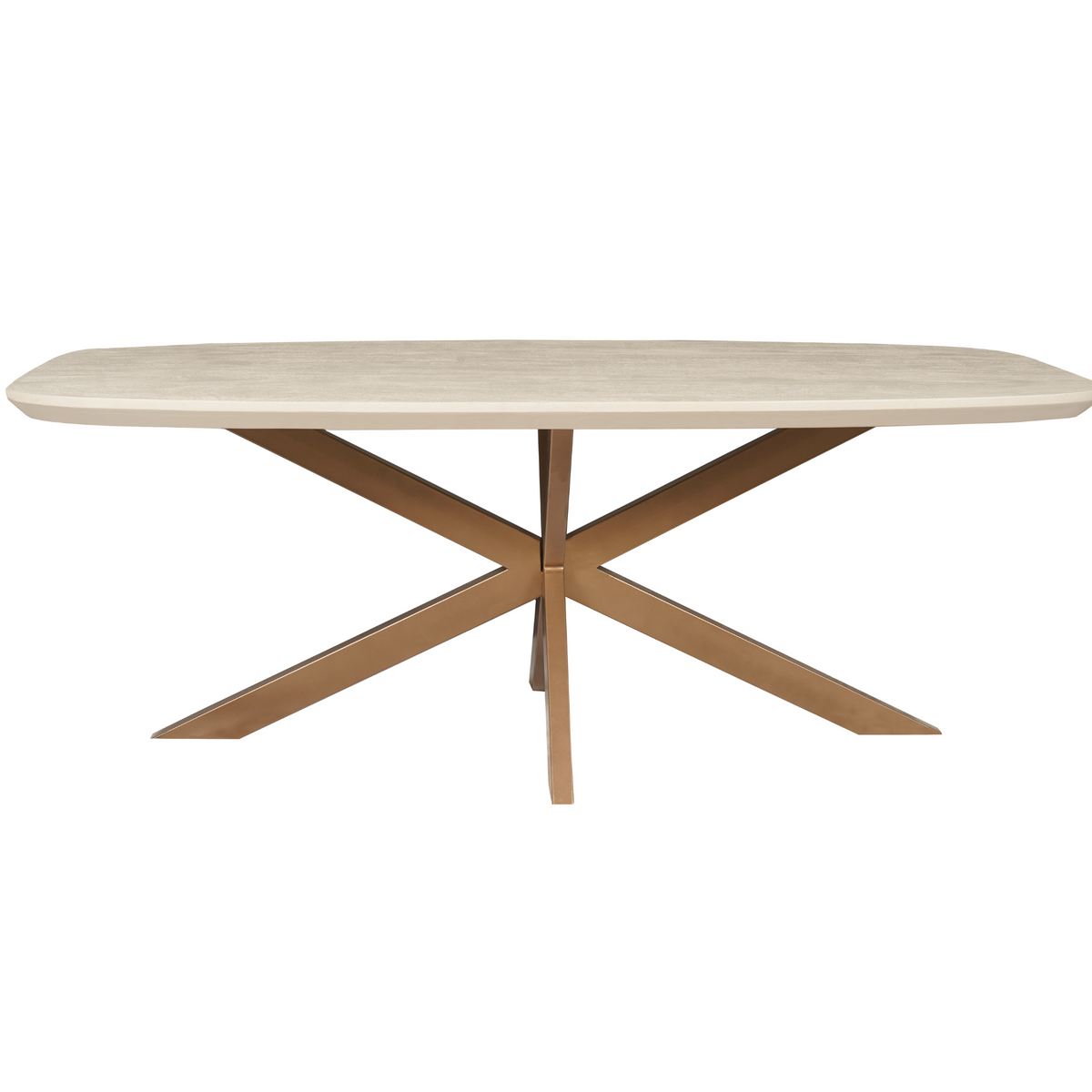 Eettafel met ovale lichtbeige top en gecentreerde poot met kruisdelen