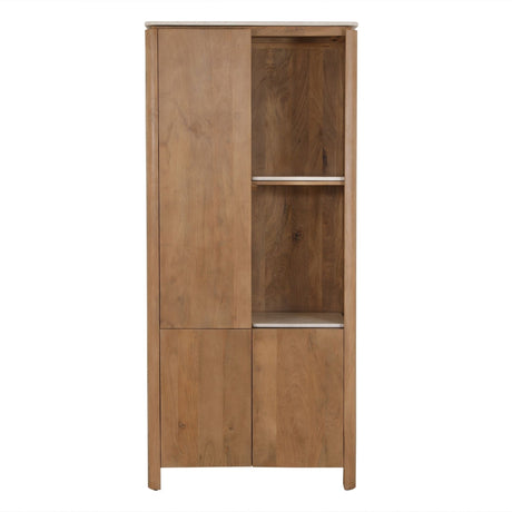 Mangohouten vakkenkast met 2 deuren en open vakken, naturel hout, metalen legplanken.