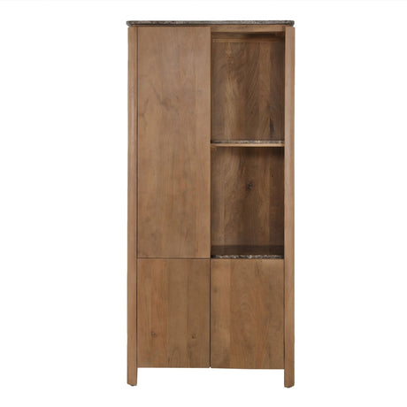 Mangohouten vakkenkast met 2 deuren en open vakken, naturel hout, metalen plank.