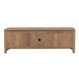 TV-meubel met naturel mangohouten front, schuifdeur en rond zwart knopje, 165 cm.