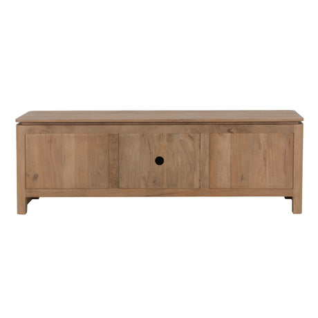 TV-meubel met naturel mangohouten front, schuifdeur en rond zwart knopje, 165 cm.