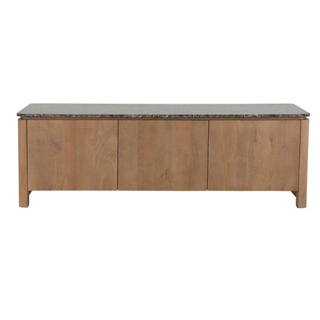 TV-meubel naturel mangohout met 3 deuren en donker stenen blad, 165 cm breed.