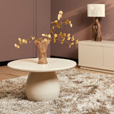 Salontafel met ronde witte blad en bolvormig onderstel, 70 cm breed