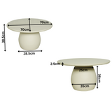 Afmetingen salontafel: blad 70 cm, hoogte 38,5 cm, voet 28,5 cm