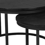 Zwarte salontafel met rond blad, afgeronde rand en zwart metalen poten