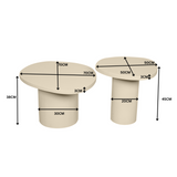Twee ronde salontafels met afmetingen: links 70×30×38 cm, rechts 50×20×45 cm