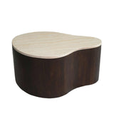 Ronde salontafel met licht blad en donkerbruine massieve houten voet