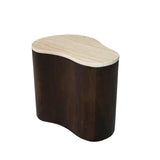Salontafel Lovi donkerbruin met licht houten blad, zicht op korte zijde en randen.