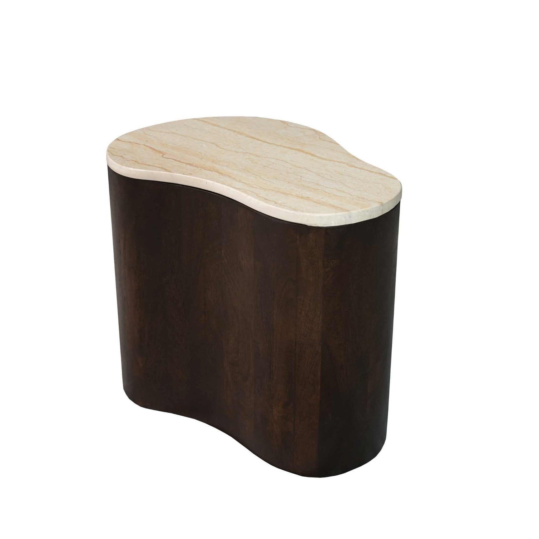 Salontafel Lovi donkerbruin met licht houten blad, zicht op korte zijde en randen.