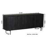 Zwart dressoir met twee deuren en planken, technische schets met afmetingen