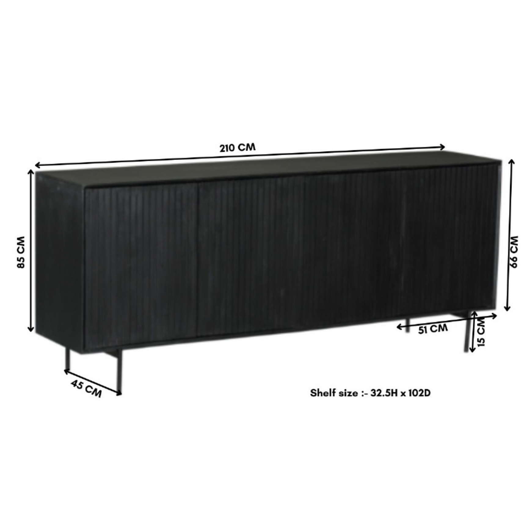 Zwart dressoir met twee deuren en planken, technische schets met afmetingen
