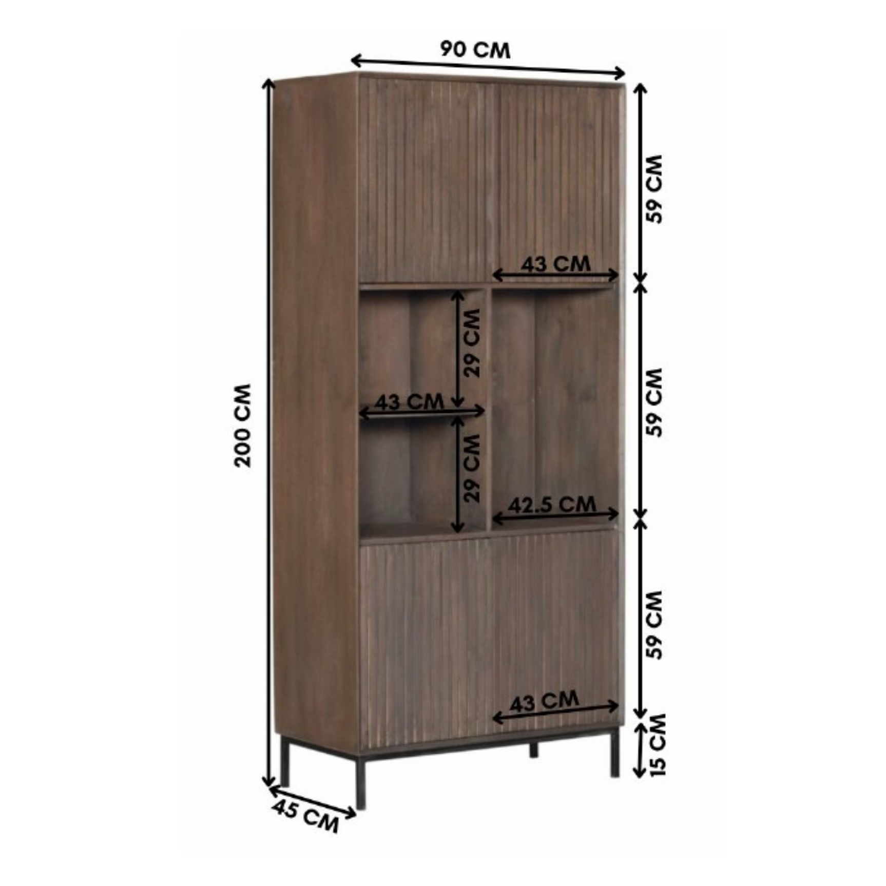 Boekenkast met open vakken en 2 frontpanelen, verticale houtnerf en zwarte pootjes