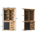 Boekenkast met open vakken en bovenkast, onder 2 deuren, houten look met zwarte panelen