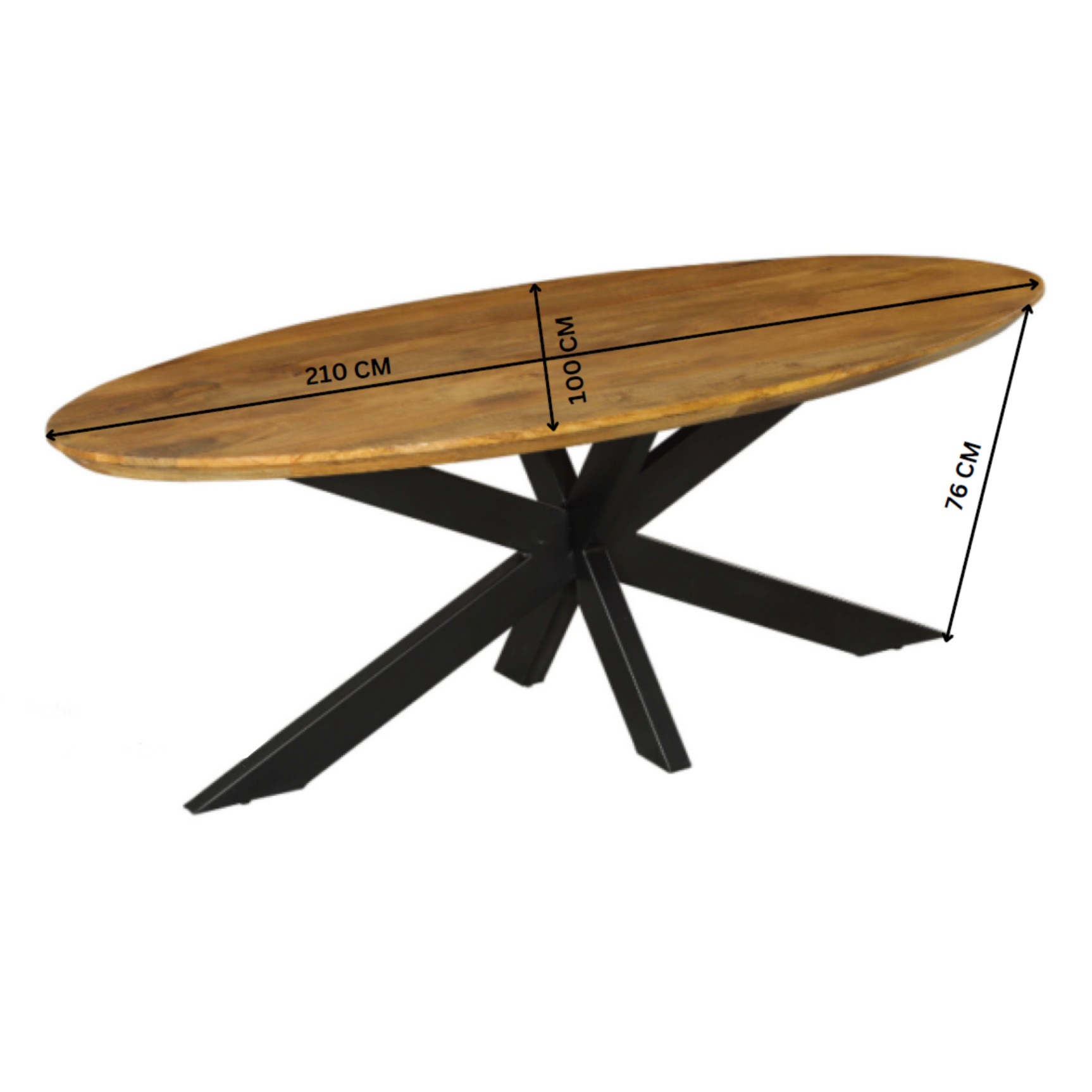 Ovale eettafel met houten blad en X-vormige poten, donker zwart onderstel