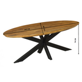 Langwerpige houten eettafel met zwarte kruispoten, centrale poot; 240×76 cm
