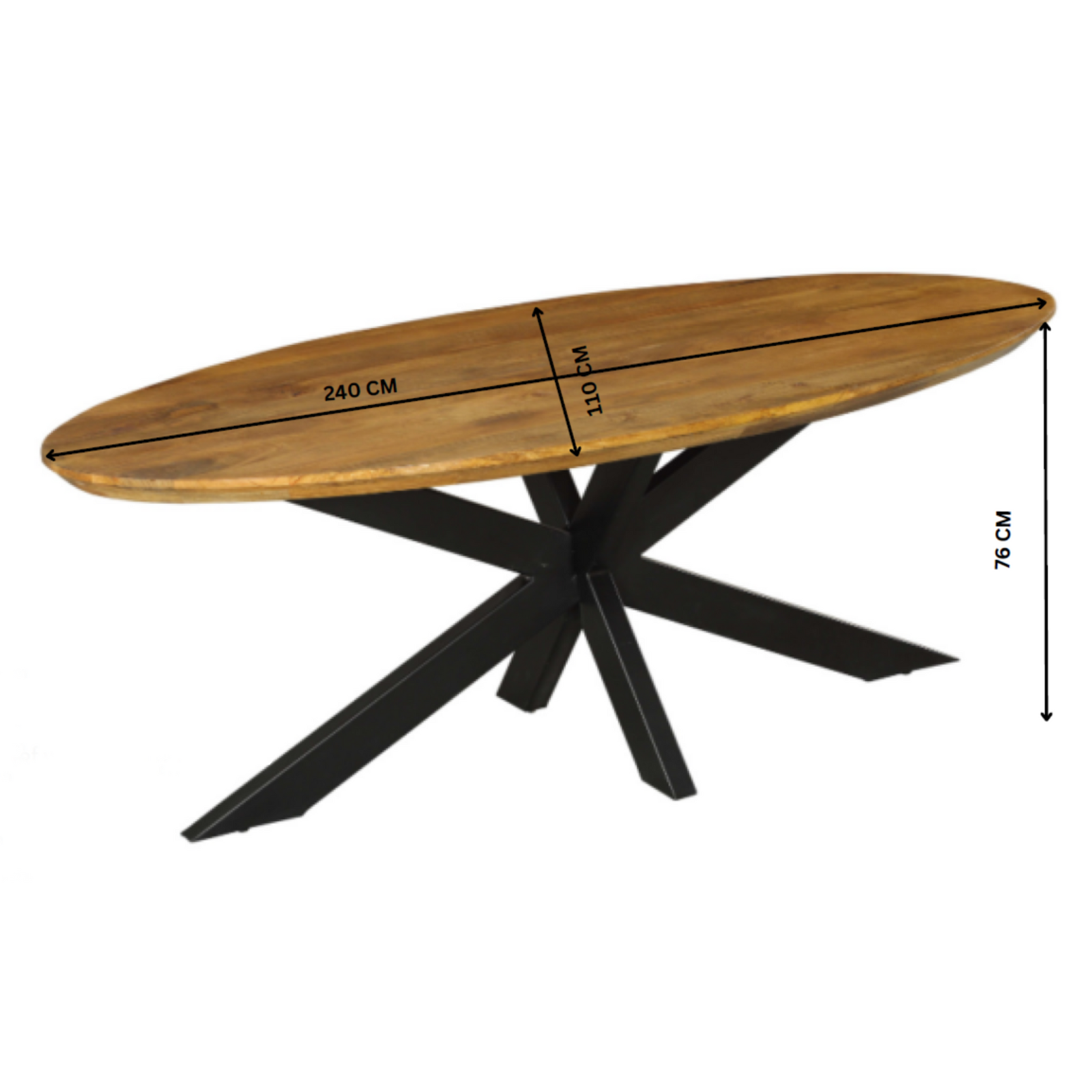 Langwerpige houten eettafel met zwarte kruispoten, centrale poot; 240×76 cm