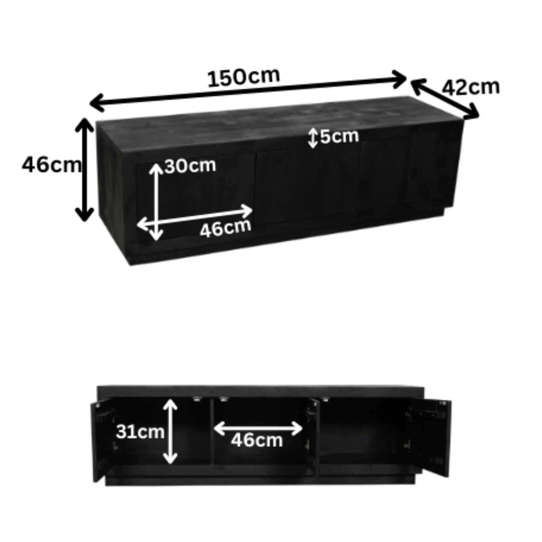 Zwart tv-meubel Brussel met afmetingen 150×46×42 cm