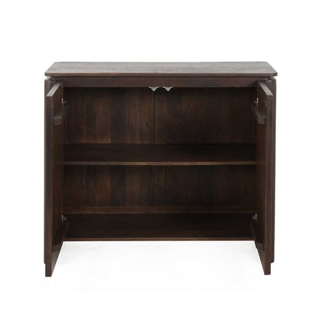 Bruin mangohouten dressoir met open vak en legplank, rechthoekige kast met pootjes