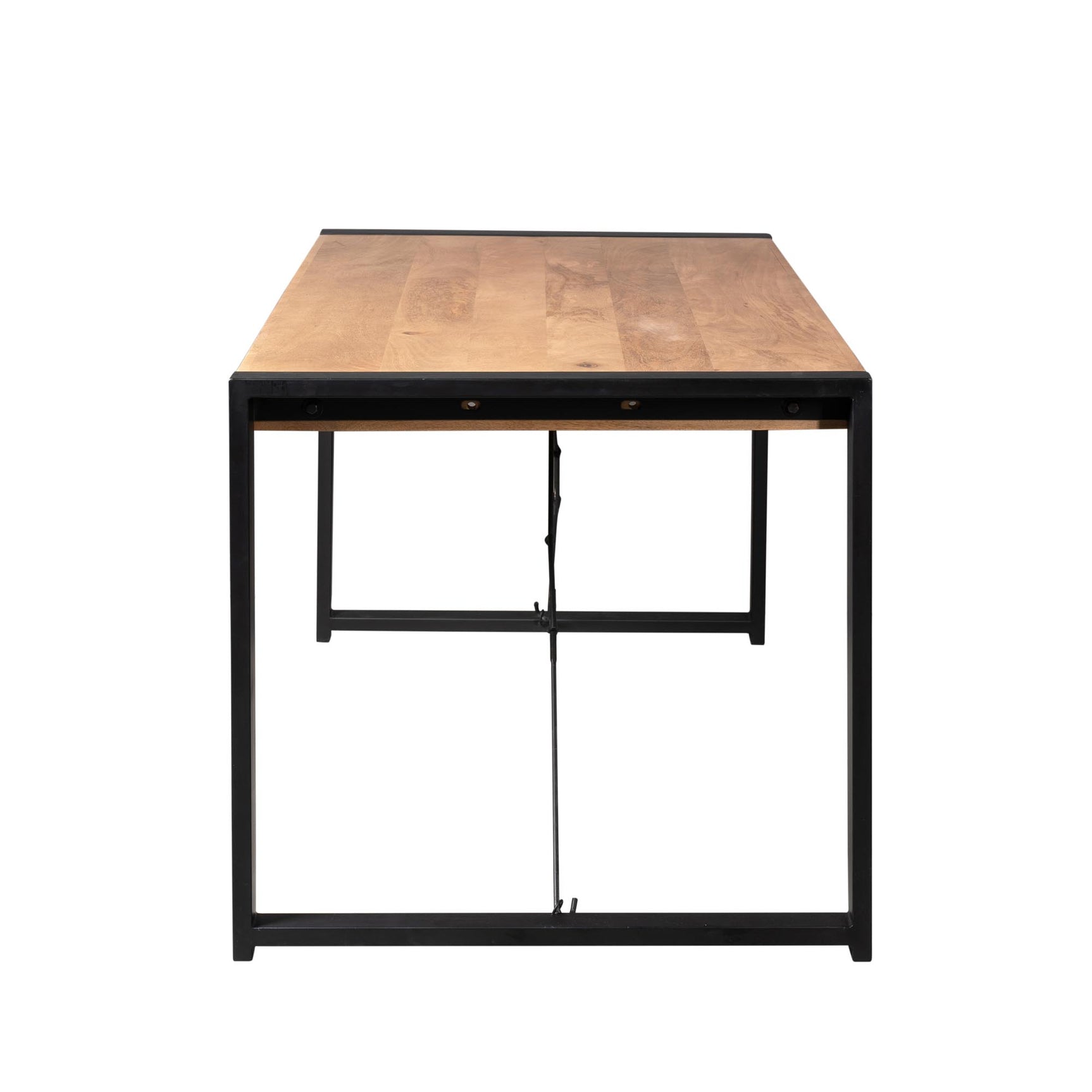 Eettafel met houten blad en zwart metalen frame, onderzijde met middensteun.