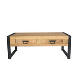 Salontafel met twee lades, licht hout en zwarte metalen poten.