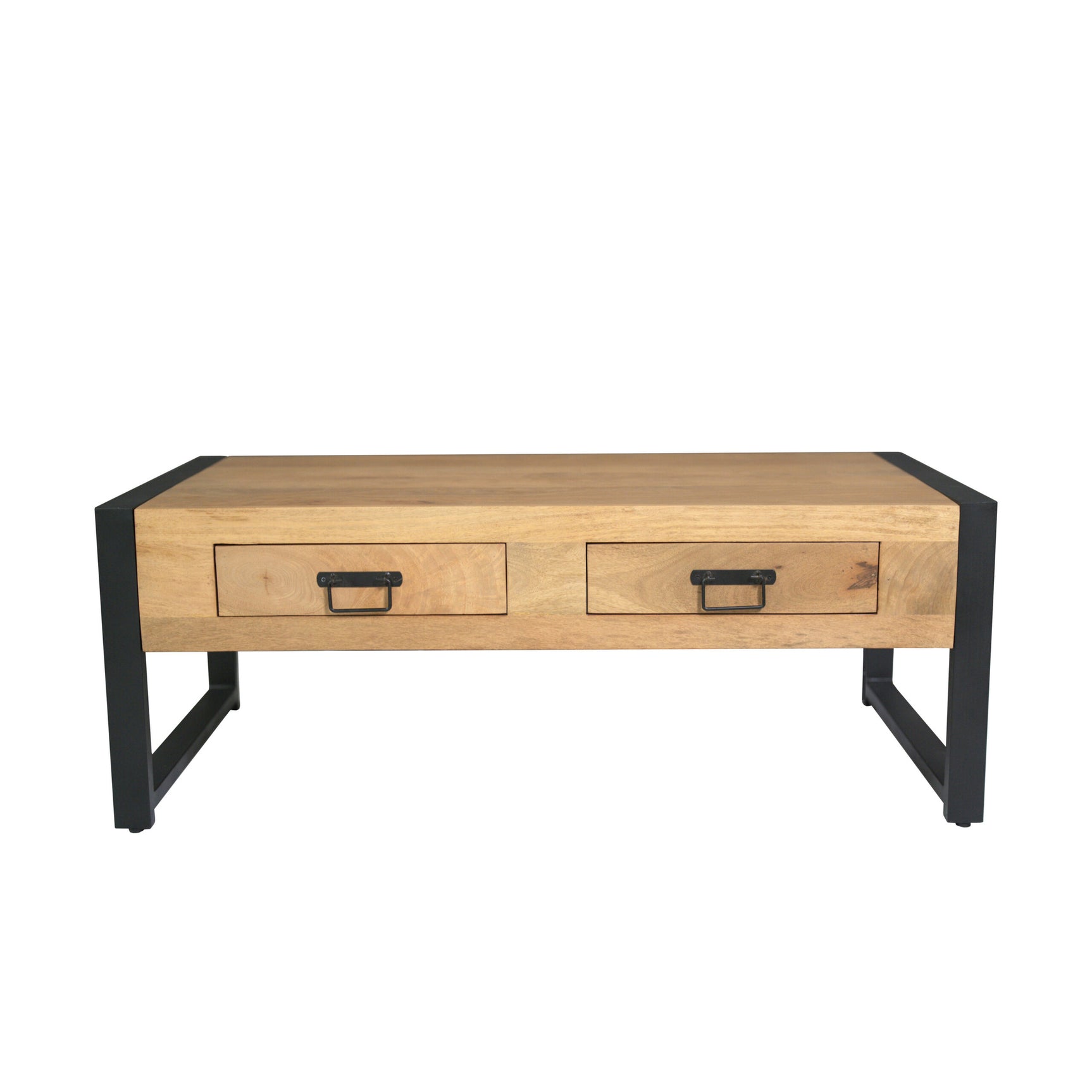 Salontafel met twee lades en zwart onderstel, licht houtkleurig blad.
