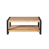 Salontafel met licht houten blad en zwart onderframe, open tussenschap